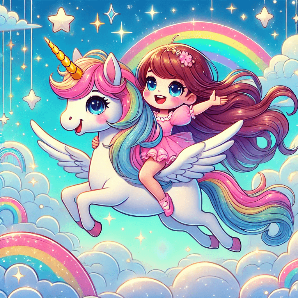 A girl with a unicorn in flying sky